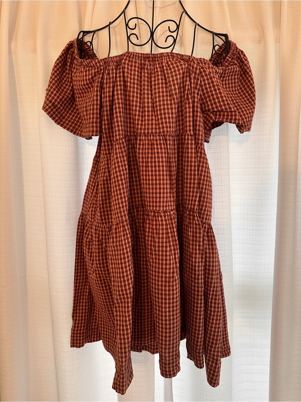 Old Navy Off the Shoulder Gingham Tiered Mini Dress in Rust Plaid - Picture 2 of 8